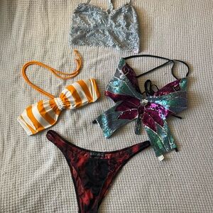 Colorful Bundle, Bathing suit top, bottoms, butterfly top, and blue lace bra top